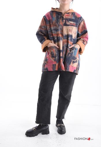 Giacca camoscio maniche lunghe Fantasia astratta senza fodera con tasche con zip con cappuccio - ph 5