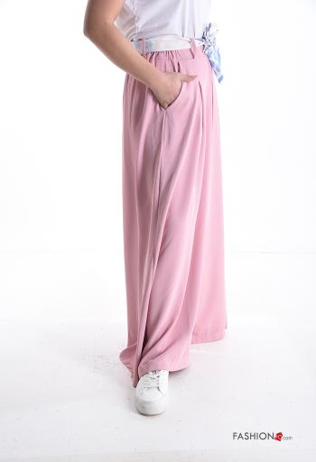 Calças boca de sino longo com bolsos com cinto de tecido com elástico - ph 3