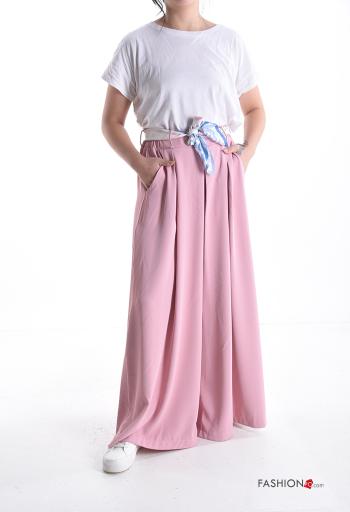 Calças boca de sino longo com bolsos com cinto de tecido com elástico - ph 5