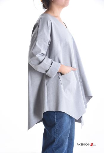 Blusa em Algodão manga comprida com bolsos gola V - ph 3