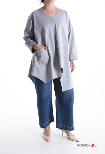 Blusa em Algodão manga comprida com bolsos gola V - ph 5