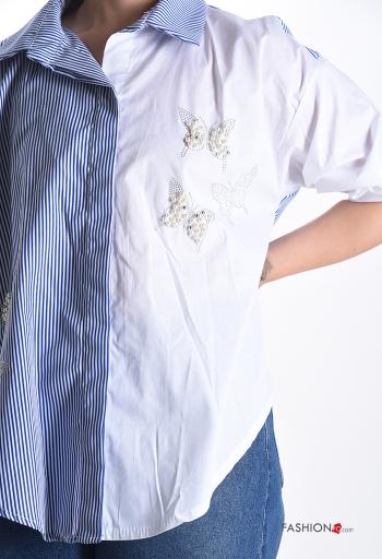 Camisa em Algodão com gola às riscas com botões com pérolas - ph 4