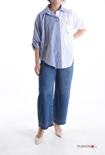 Camisa em Algodão com gola às riscas com botões com pérolas - ph 5