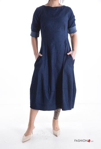 Robe en Coton en denim avec fermeture éclair manches à trois-quarts avec poches - ph 1