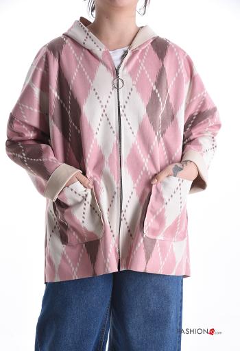 Veste Suède manches longues à Imprimé Géométrique avec poches à capuche avec fermeture éclair