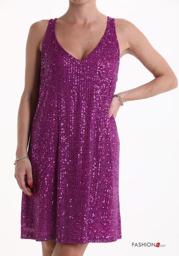 Robe Sans Manches à genoux à paillettes à col en V - ph 4