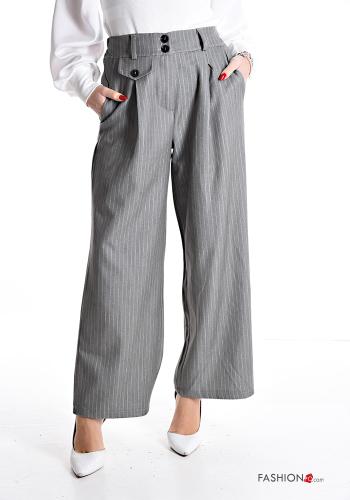 Streifenmuster wide leg Hose mit Knöpfen mit gummizug mit Reißverschluss mit Taschen