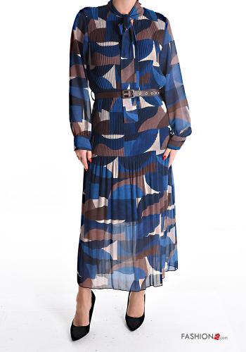 Geometric pattern long Dress with flounces with knot with lining with belt