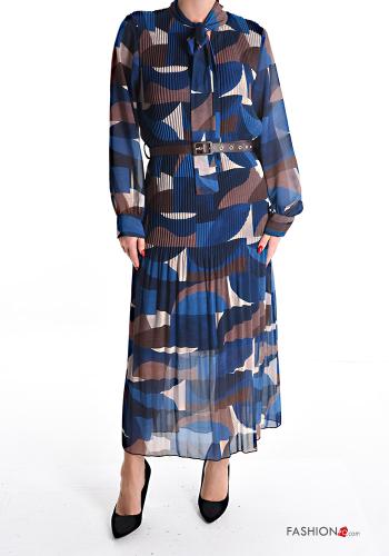 Geometric pattern long Dress with flounces with knot with lining with belt