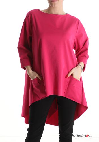 asymmetrisch Bluse aus Baumwolle mit Taschen 3/4 ärmel - ph 1