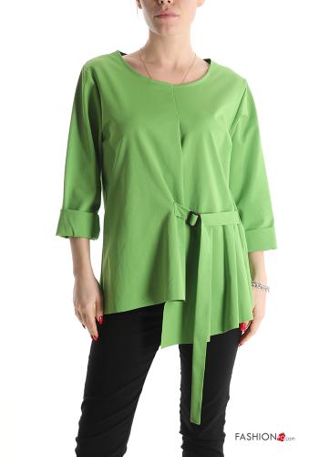 with buckle asymmetrical Cotton Blouse 3/4 sleeve