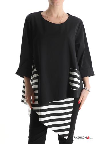 Blusa in Cotone asimmetrico Fantasia righe maniche a tre quarti - ph 1