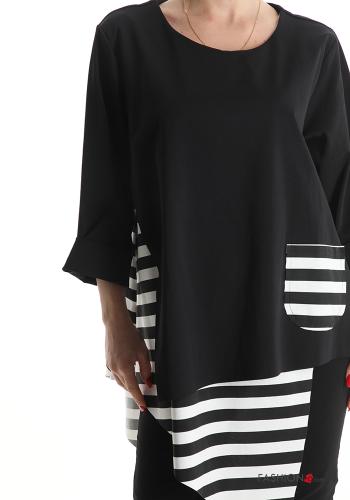 Blusa in Cotone asimmetrico Fantasia righe maniche a tre quarti - ph 4
