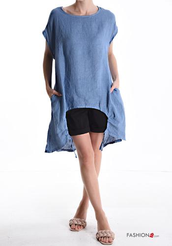 short sleeve crew neck asymmetrical Linen Tunic with drawstring