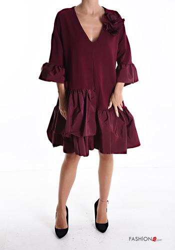 Vestido em Algodão pelo joelho manga três quartos gola V com laço com folhos - ph 1