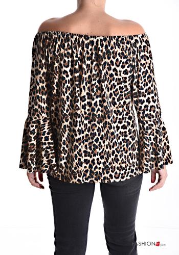 Blusa maniche volant maniche lunghe Fantasia animalier con elastico scollo alla bardot - ph 2