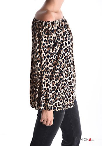 Blusa maniche volant maniche lunghe Fantasia animalier con elastico scollo alla bardot - ph 3