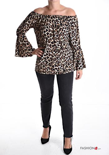 Blusa maniche volant maniche lunghe Fantasia animalier con elastico scollo alla bardot - ph 5