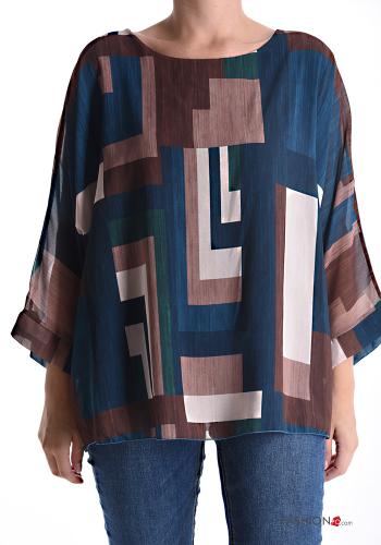 Geometric pattern chiffon crew neck Blouse 3/4 sleeve - ph 1