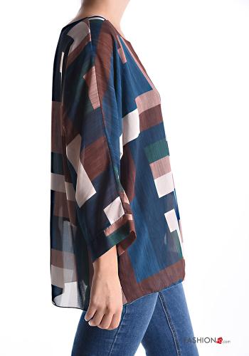 Geometric pattern chiffon crew neck Blouse 3/4 sleeve - ph 3