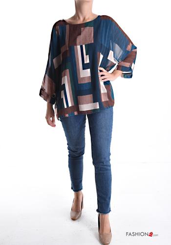 Geometric pattern chiffon crew neck Blouse 3/4 sleeve - ph 5