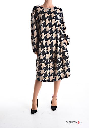 Abito in Cotone girocollo oversize maniche lunghe Fantasia pied de poule con tasche - ph 1