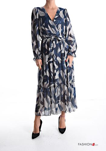 Leaf print long sleeve chiffon lurex Dress with flounces with fabric belt with v-neck - ph 1