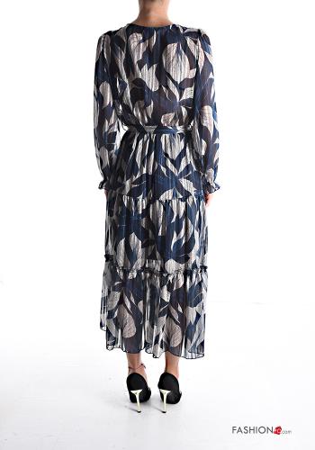 Leaf print long sleeve chiffon lurex Dress with flounces with fabric belt with v-neck - ph 2