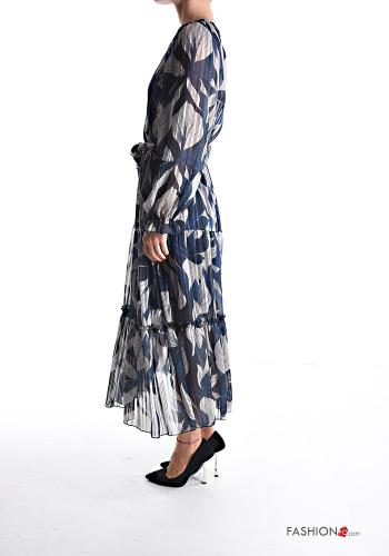 Leaf print long sleeve chiffon lurex Dress with flounces with fabric belt with v-neck - ph 3