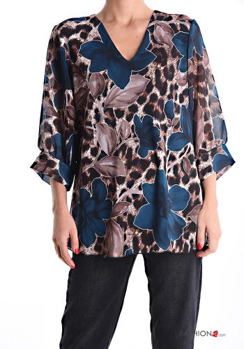 Blumenmuster chiffon Bluse mit V-Ausschnitt 3/4 ärmel - ph 1