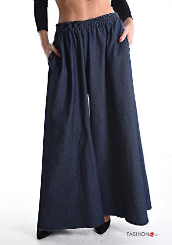 denim wide leg Cotton Trousers with pockets with elastic - ph 1