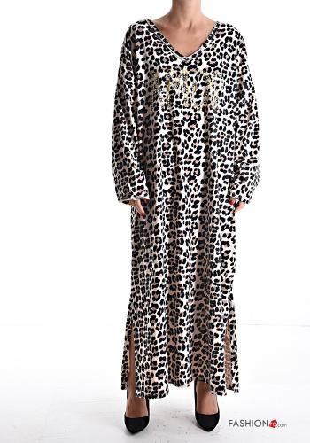 Animal print long sleeve long oversized Cotton Dress with v-neck with rhinestones - ph 1