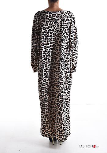 Animal print long sleeve long oversized Cotton Dress with v-neck with rhinestones - ph 2