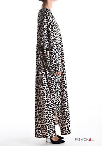 Animal print long sleeve long oversized Cotton Dress with v-neck with rhinestones - ph 3