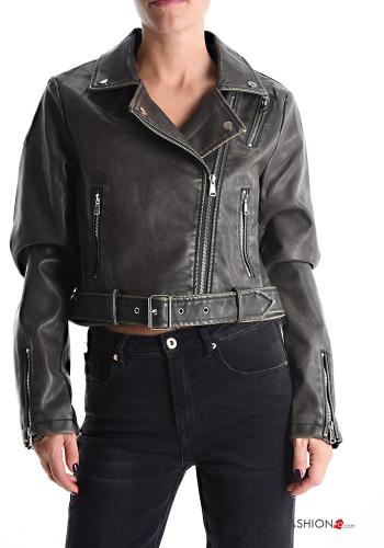 Giacca corto maniche lunghe ecopelle con fibbia con fodera con zip con cintura con tasche - ph 1