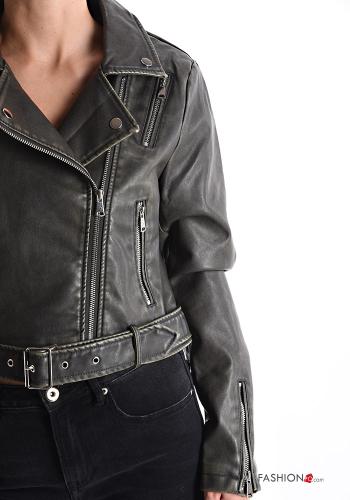 Giacca corto maniche lunghe ecopelle con fibbia con fodera con zip con cintura con tasche - ph 4