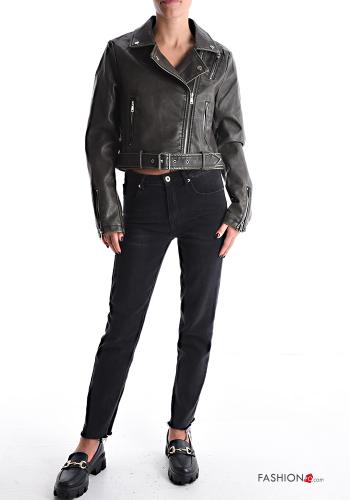 Giacca corto maniche lunghe ecopelle con fibbia con fodera con zip con cintura con tasche - ph 5