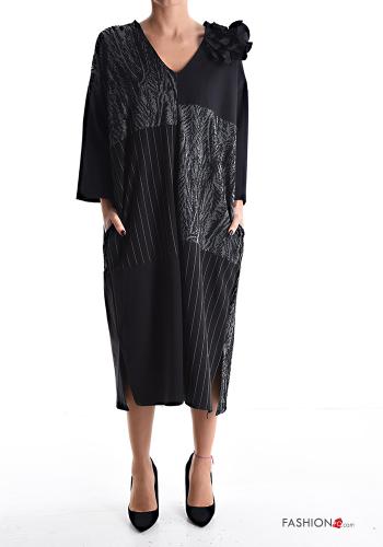 Abito in Cotone oversize maniche lunghe Fantasia mista con tasche scollo a V - ph 1