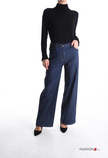 Pantalone in Cotone denim wide leg con tasche con bottoni con zip - ph 5