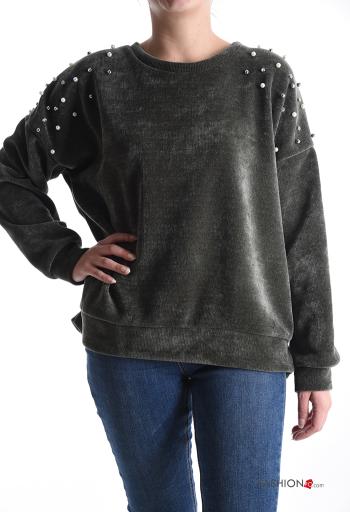 Velvet crew neck Sweatshirt with pearls with rhinestones - ph 1