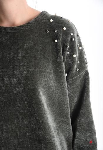 Velvet crew neck Sweatshirt with pearls with rhinestones - ph 4