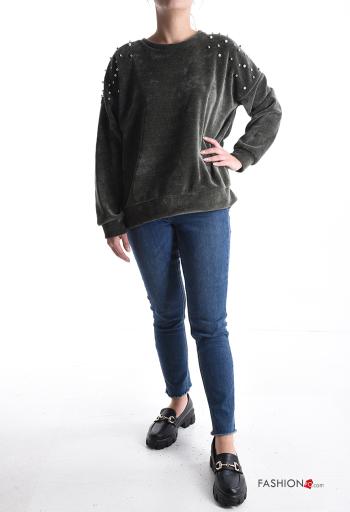 Velvet crew neck Sweatshirt with pearls with rhinestones - ph 5
