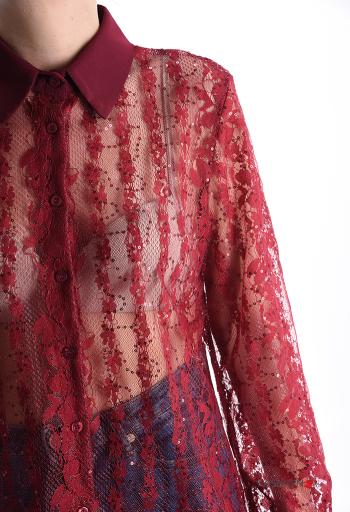 Camicia con colletto pizzo maniche lunghe con paillettes con bottoni - ph 4