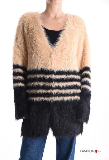 Striped faux fur long sleeve Jacket with buttons without lining with v-neck - ph 1