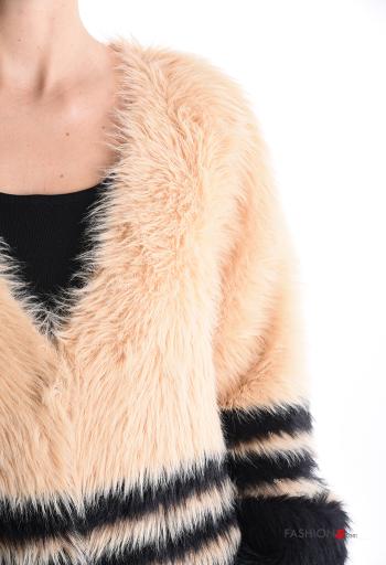 Striped faux fur long sleeve Jacket with buttons without lining with v-neck - ph 4