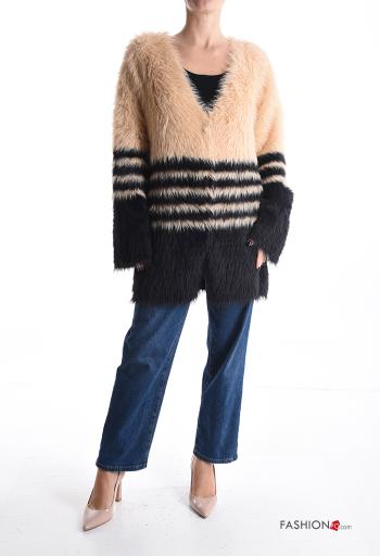 Striped faux fur long sleeve Jacket with buttons without lining with v-neck - ph 5