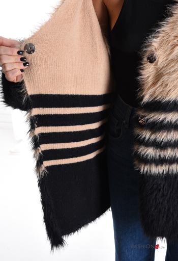 Striped faux fur long sleeve Jacket with buttons without lining with v-neck - ph 6