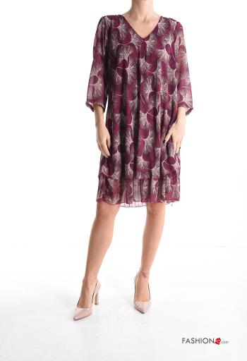 Abito chiffon al ginocchio Fantasia con foglie maniche a tre quarti con fodera con balze scollo a V