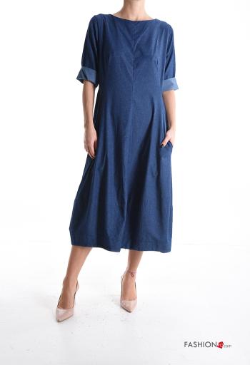 Abito in Cotone denim girocollo con tasche maniche a tre quarti - ph 1