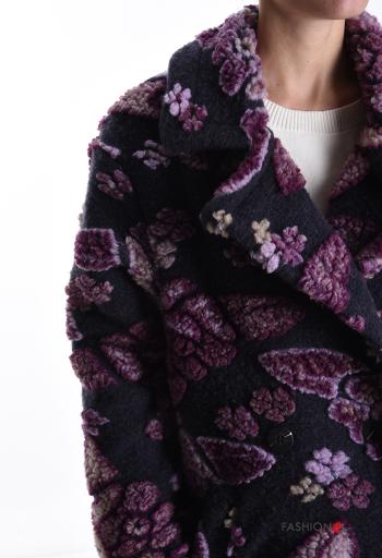 Abrigo de Mezcla de Lana Estampado Floral con bolsillos con botones con forro - ph 4